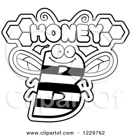 Clipart of a Black and White Letter B Bee with Honey Text - Royalty Free Vector Illustration by Cory Thoman