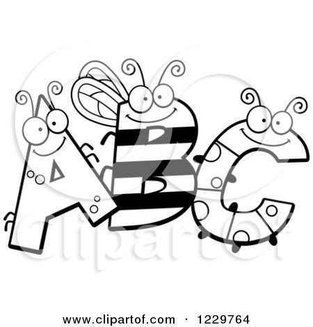 Clipart of Black and White Ant Bee and Caterpillar Letters ABC - Royalty Free Vector Illustration by Cory Thoman