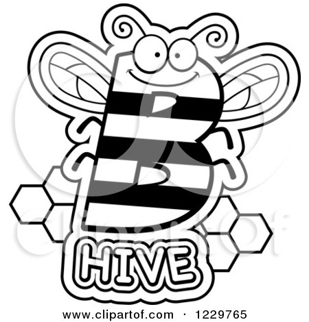 Clipart of a Black and White Letter B Bee with Hive Text - Royalty Free Vector Illustration by Cory Thoman