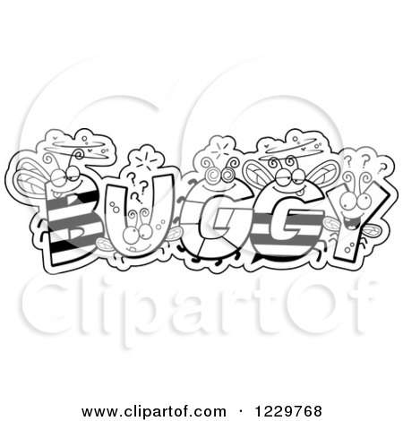 Clipart of Black and White Letter Insects Forming the Word BUGGY - Royalty Free Vector Illustration by Cory Thoman