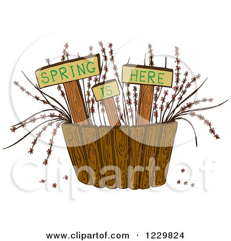 Clipart of Spring Is Here Signs with Plants Behind a Fence - Royalty Free Vector Illustration by Cherie Reve