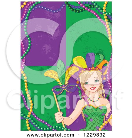 Clipart of a Festive Mardi Gras Woman Holding a Mask over Tiles and Beads - Royalty Free Vector Illustration by Pushkin