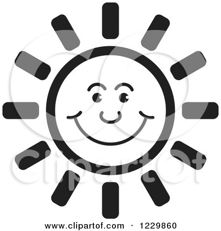 Clipart of a Black and White Happy Sun Icon - Royalty Free Vector Illustration by Lal Perera
