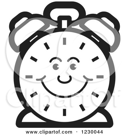 Clipart of a Happy Black and White Alarm Clock Icon - Royalty Free Vector Illustration by Lal Perera
