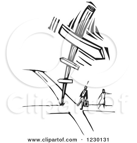 Clipart of a Black and White Woodcut Couple at a Crossroads - Royalty Free Vector Illustration by xunantunich