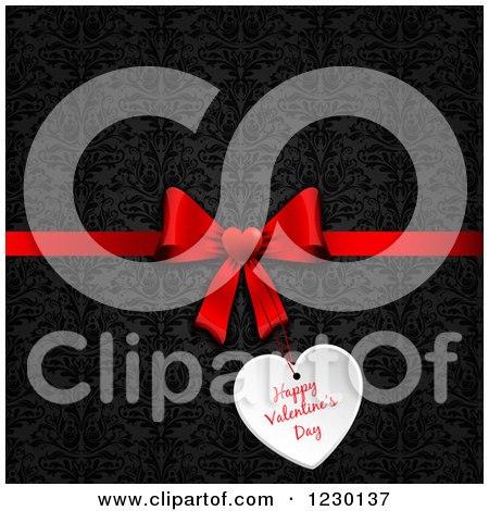 Clipart of a Happy Valentines Day Greeting on a Gift Tag over Black - Royalty Free Vector Illustration by KJ Pargeter