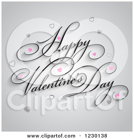 Clipart of Happy Valentines Day Text with Hearts on Gray - Royalty Free Vector Illustration by KJ Pargeter