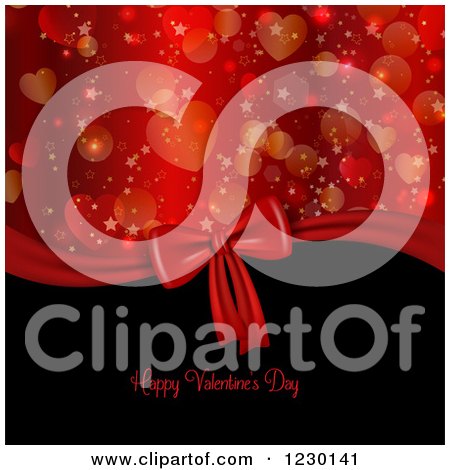Clipart of a Happy Valentines Day Greeting with Heart and Star Bokeh and a Gift Bow - Royalty Free Vector Illustration by KJ Pargeter