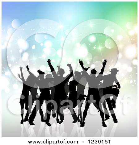 Clipart of Silhouetted People Dancing over Gradient and Flares - Royalty Free Vector Illustration by KJ Pargeter