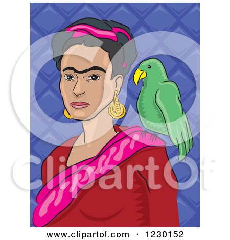 Clipart of a Portrait of Frida Kahlo with a Parrot - Royalty Free Vector Illustration by David Rey