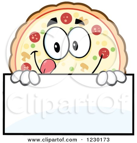 Clipart of a Pizza Pie Mascot over a Sign - Royalty Free Vector Illustration by Hit Toon