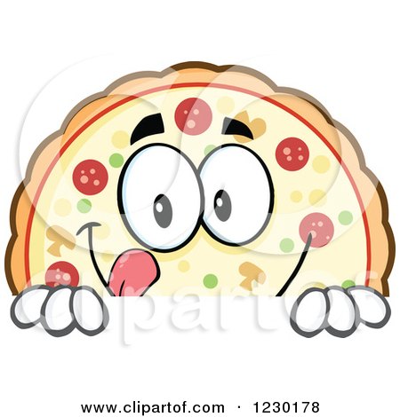 Clipart of a Pizza Pie Mascot Licking His Lips over a Sign - Royalty Free Vector Illustration by Hit Toon