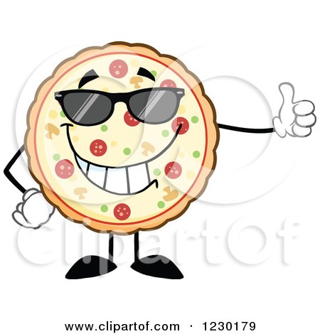 Clipart of a Pizza Pie Mascot Wearing Sunglasses and Holding a Thumb up - Royalty Free Vector Illustration by Hit Toon