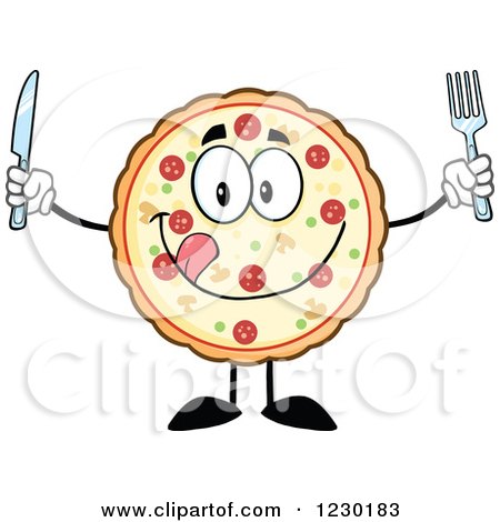 Clipart of a Hungy Pizza Pie Mascot with Silverware - Royalty Free Vector Illustration by Hit Toon