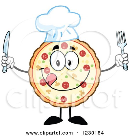 Clipart of a Hungy Chef Pizza Pie Mascot with Silverware - Royalty Free Vector Illustration by Hit Toon