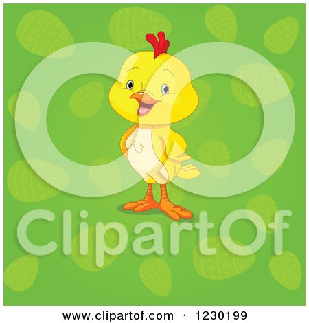 Clipart of a Cute Yellow Easter Chick over Green with Easter Eggs - Royalty Free Vector Illustration by Pushkin