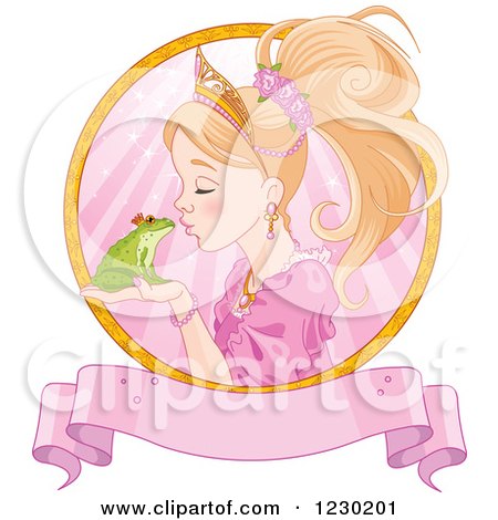 Clipart of a Fairy Tale Princess Kissing a Frog Prince in a Pink Ray Circle with a Banner - Royalty Free Vector Illustration by Pushkin
