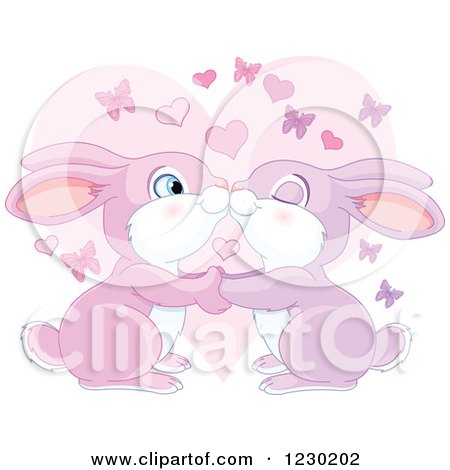 Clipart of a Cute Bunny Rabbit Couple Kissing over a Heart with Butterflies - Royalty Free Vector Illustration by Pushkin