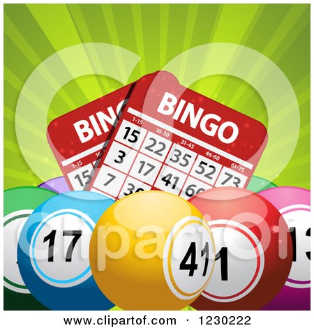 Clipart of 3D Bingo Balls and Cards over Green Rays - Royalty Free Vector Illustration by elaineitalia