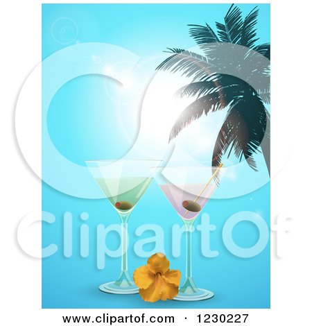Clipart of Martinis with a Hibiscus and Palm Tree over a Blue Sky - Royalty Free Vector Illustration by elaineitalia