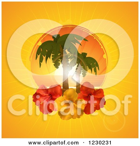 Clipart of a Tropical Ocean Sunset with Palm Trees and Hibiscus Flowers on Orange - Royalty Free Vector Illustration by elaineitalia