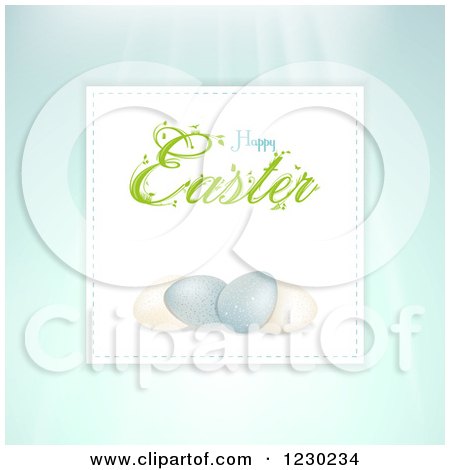 Clipart of a Happy Easter Greeting over Speckled Eggs on Pastel Blue - Royalty Free Vector Illustration by elaineitalia