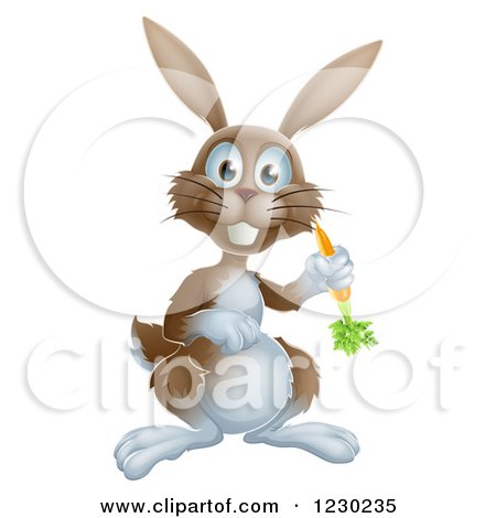 Clipart of a Happy Brown Bunny Rabbit Waving with a Carrot - Royalty Free Vector Illustration by AtStockIllustration