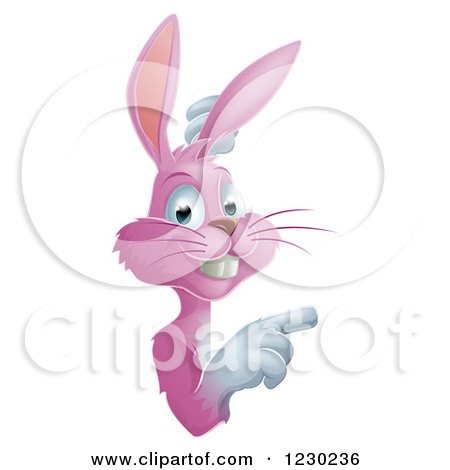 Clipart of a Pink Bunny Pointing Around a Sign - Royalty Free Vector Illustration by AtStockIllustration