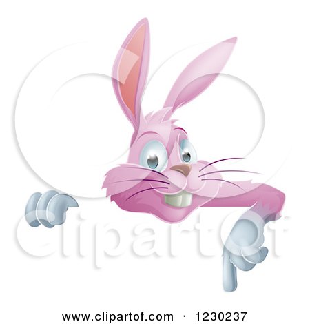 Clipart of a Pink Bunny Pointing down at a Sign - Royalty Free Vector Illustration by AtStockIllustration
