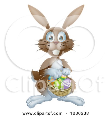 Clipart of a Brown Bunny with Easter Eggs and a Basket - Royalty Free Vector Illustration by AtStockIllustration
