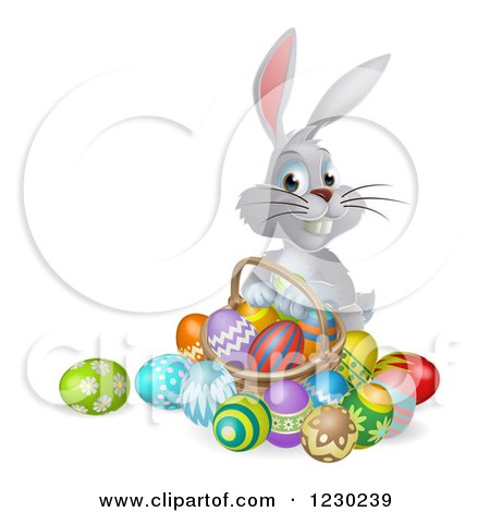 Clipart of a Gray Bunny with Easter Eggs and a Basket - Royalty Free Vector Illustration by AtStockIllustration
