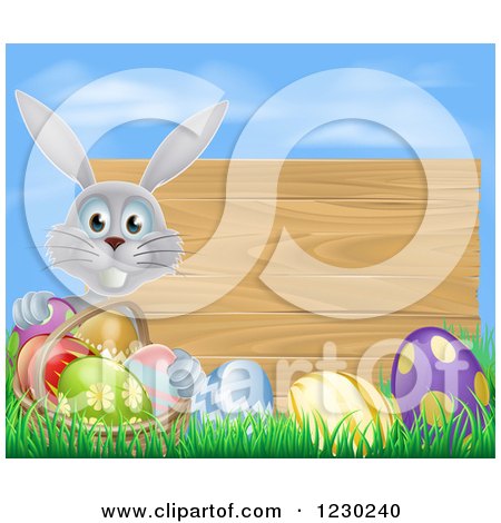 Clipart of a Gray Rabbit with a Basket and Easter Eggs by a Wooden Sign Under a Blue Sky - Royalty Free Vector Illustration by AtStockIllustration