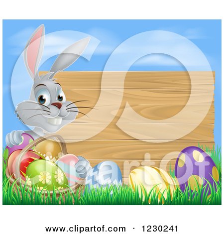 Clipart of a Gray Bunny Rabbit with a Basket and Easter Eggs by a Wooden Sign Under a Blue Sky - Royalty Free Vector Illustration by AtStockIllustration