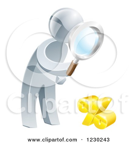 Clipart of a 3d Silver Man Peering Through a Magnifying Glass at a Percent Symbol - Royalty Free Vector Illustration by AtStockIllustration