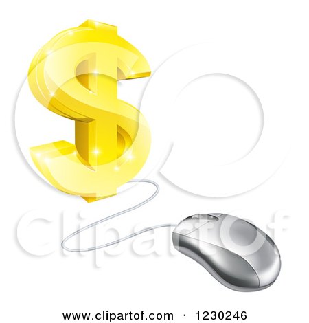 Clipart of a 3d Gold Dollar Symbol Connected to a Computer Mouse - Royalty Free Vector Illustration by AtStockIllustration