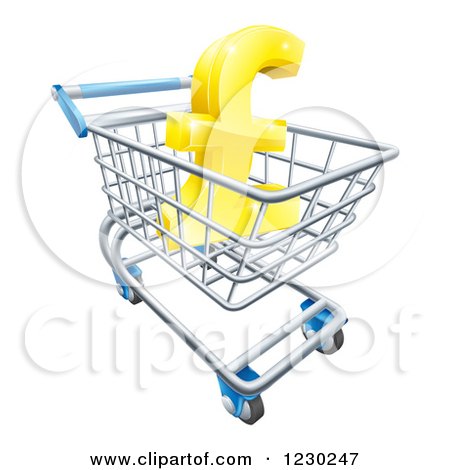 Clipart of a 3d Golden Lira Pound Symbol in a Shopping Cart - Royalty Free Vector Illustration by AtStockIllustration