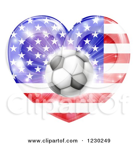 Clipart of a 3d Soccer Ball over an American Flag Heart and Fireworks - Royalty Free Vector Illustration by AtStockIllustration