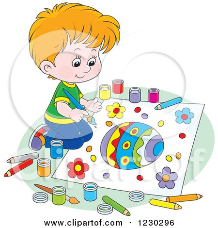 Clipart of a White Boy Painting a Picture of an Easter Egg - Royalty Free Vector Illustration by Alex Bannykh
