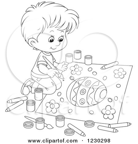 Clipart of a Black and White Boy Painting a Picture of an Easter Egg - Royalty Free Vector Illustration by Alex Bannykh