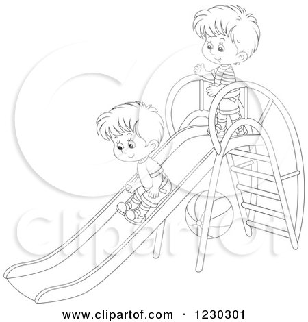 Clipart of Black and White Boys Playing on a Slide - Royalty Free Vector Illustration by Alex Bannykh
