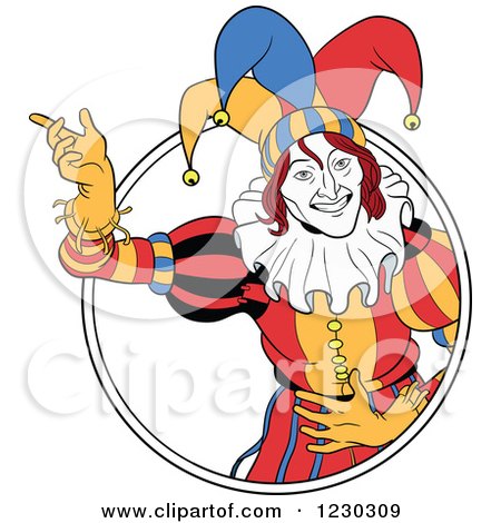 Clipart of a Presenting Joker in a Circle - Royalty Free Vector Illustration by Frisko