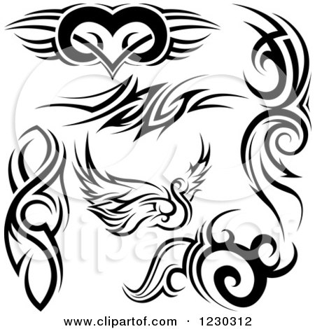 Clipart of a Black and White Tribal Winged Heart, Swan, and Tattoo Designs - Royalty Free Vector Illustration by dero
