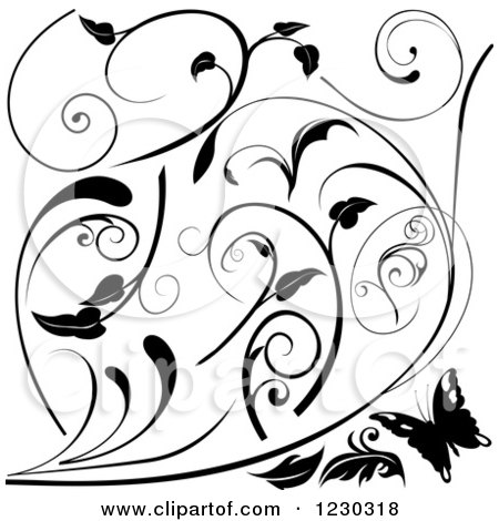 Clipart of a Butterfly and Black and White Floral Scroll Designs - Royalty Free Vector Illustration by dero