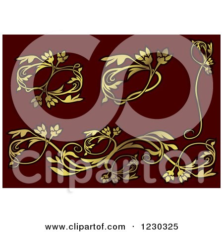 Clipart of Golden Floral Designs on Maroon - Royalty Free Vector Illustration by dero