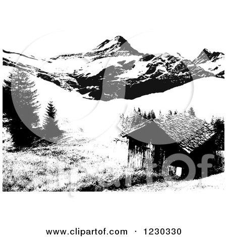 Clipart of a Black and White Cabin in the Mountains - Royalty Free Vector Illustration by dero
