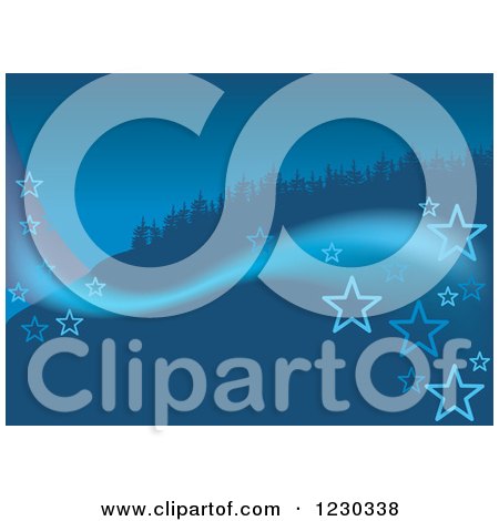 Clipart of a Blue Christmas Background with Stars and Trees on a Hill - Royalty Free Vector Illustration by dero