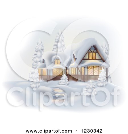 Clipart of a German Cottage in the Snow - Royalty Free Vector Illustration by dero