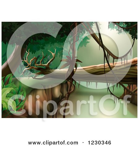 Clipart of a Fallen Tree in a Jungle Landscape - Royalty Free Vector Illustration by dero