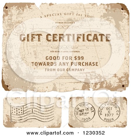 Clipart of a Distressed Gift Certificate and Postmarks with Sample Text - Royalty Free Vector Illustration by BestVector