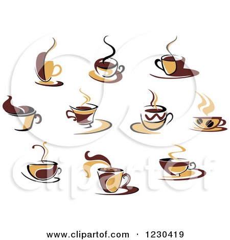 Clipart of Tan and Brown Hot Steamy Coffee Cups - Royalty Free Vector Illustration by Vector Tradition SM